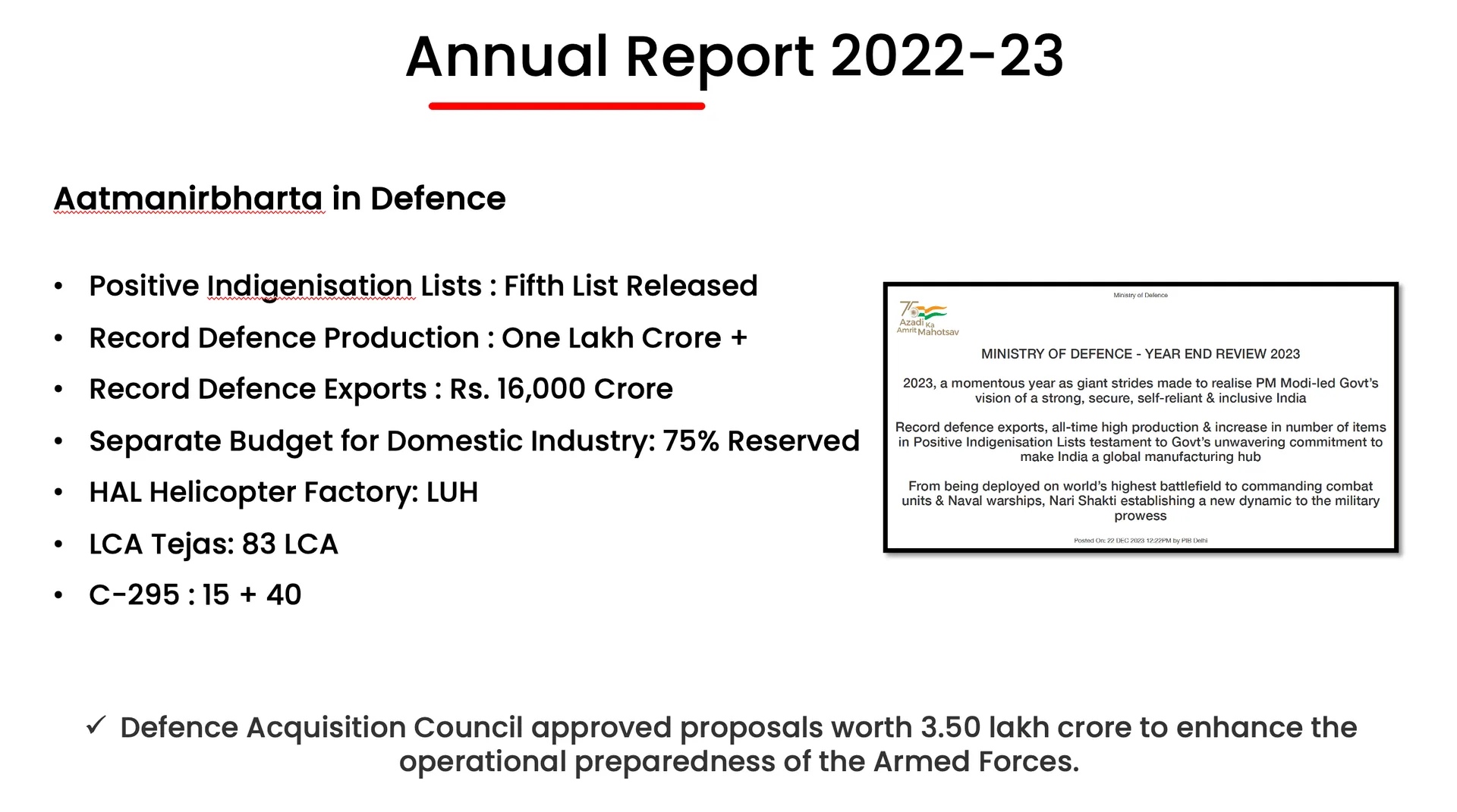 Presentation slide titled Annual Report 2022-23 listing Aatmanirbharta in Defence achievements such as indigenisation lists, record defence production and exports