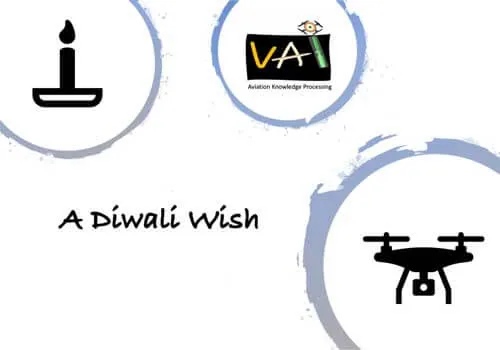 Graphic with a diya, a drone icon and the VAI Aviation Knowledge Processing logo, captioned "A Diwali Wish"