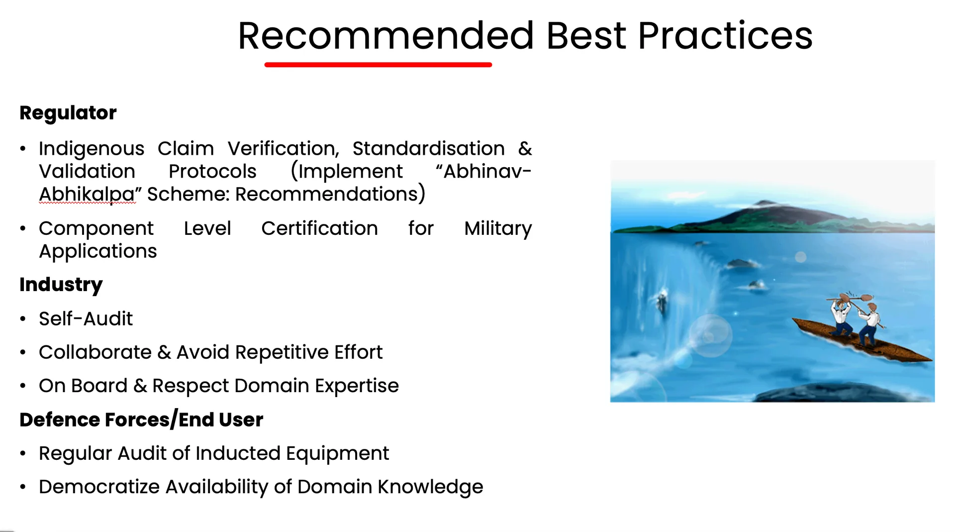 Presentation slide titled Recommended Best Practices with guidance for regulators, industry and defence forces on component indigenisation