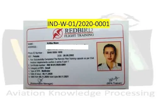 RPA Small certificate number IND-W-01/2020-0001 issued by RedBird Flight Training to Kritika Mann, India's first RPA-certified pilot