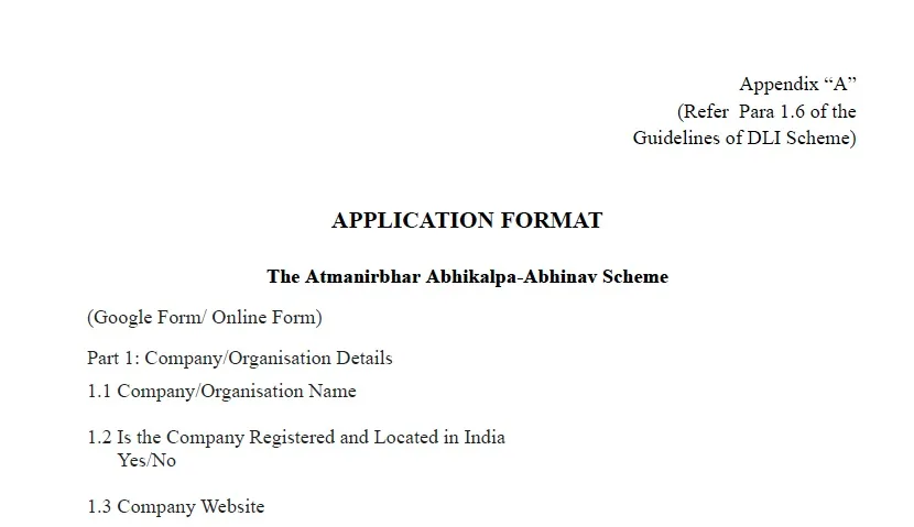Application format appendix for the Atmanirbhar Abhikalpa-Abhinav Scheme, listing company and organisation detail fields