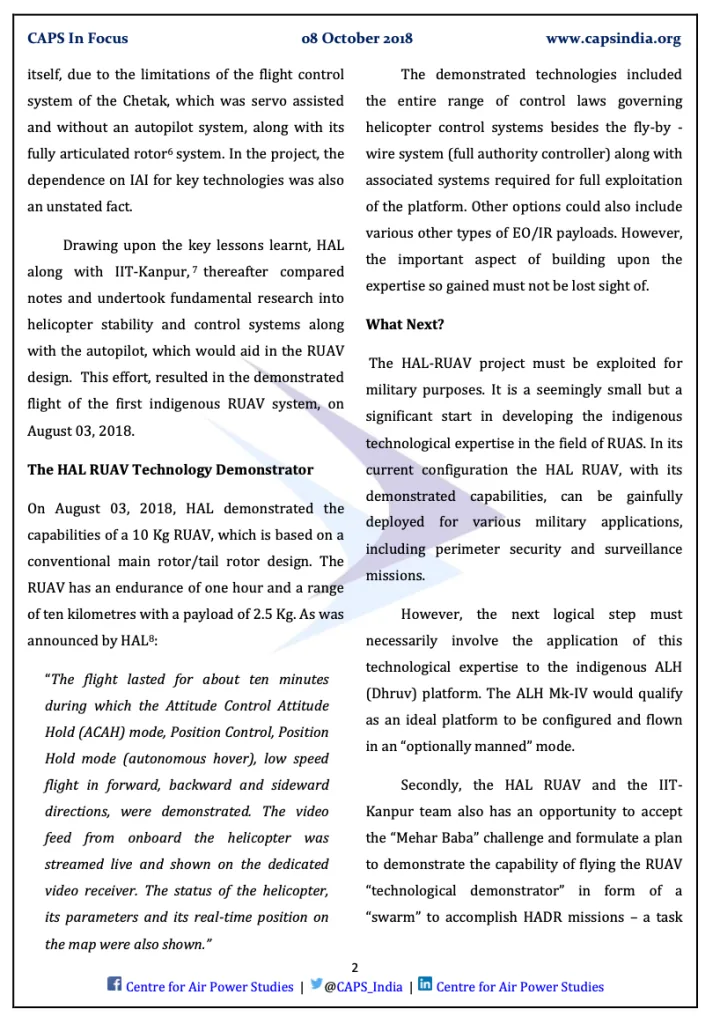 Second page of the CAPS In Focus paper "The RUAV & The Mehar Baba Prize" describing the HAL RUAV technology demonstrator flight of August 2018