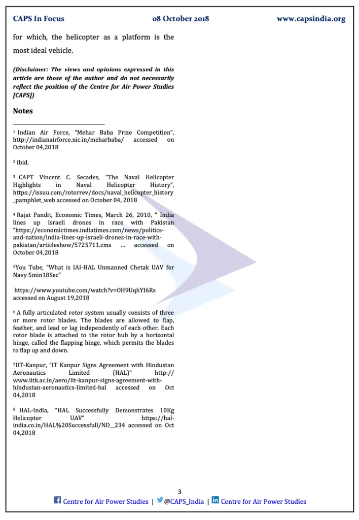 Third page of the CAPS In Focus paper "The RUAV & The Mehar Baba Prize" listing its reference notes and author disclaimer