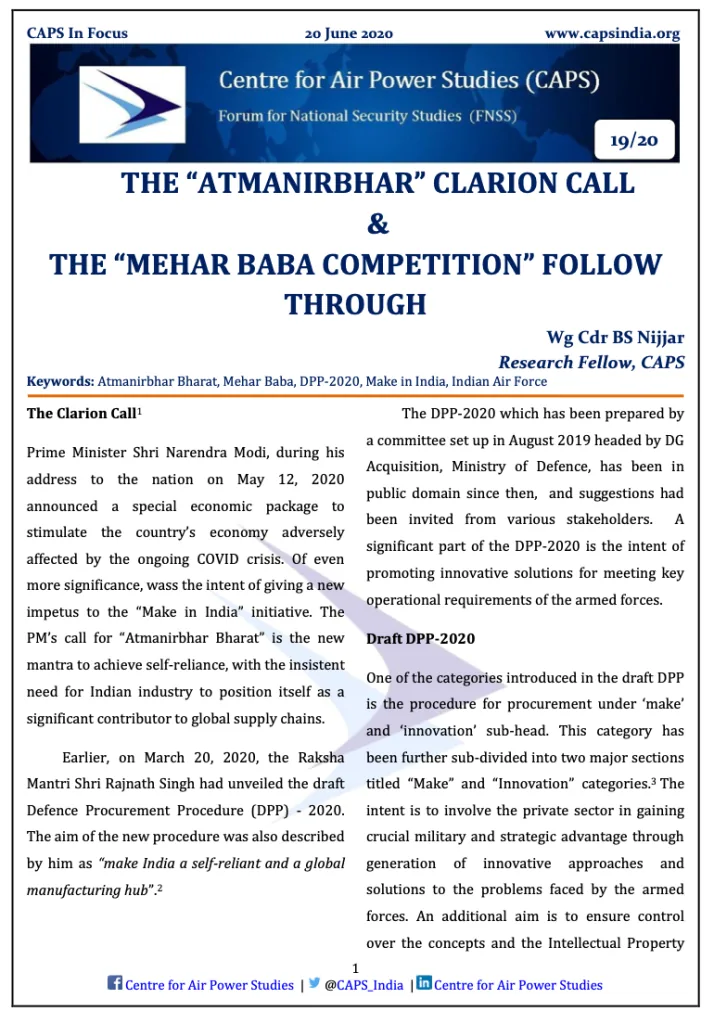 First page of the CAPS In Focus paper "The Atmanirbhar Clarion Call & The Mehar Baba Competition Follow Through" by Wg Cdr BS Nijjar, 20 June 2020