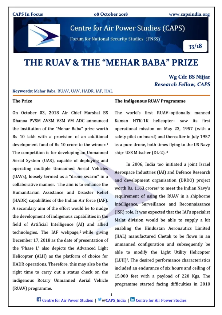 First page of the CAPS In Focus paper "The RUAV & The Mehar Baba Prize" by Wg Cdr BS Nijjar, Centre for Air Power Studies, 8 October 2018