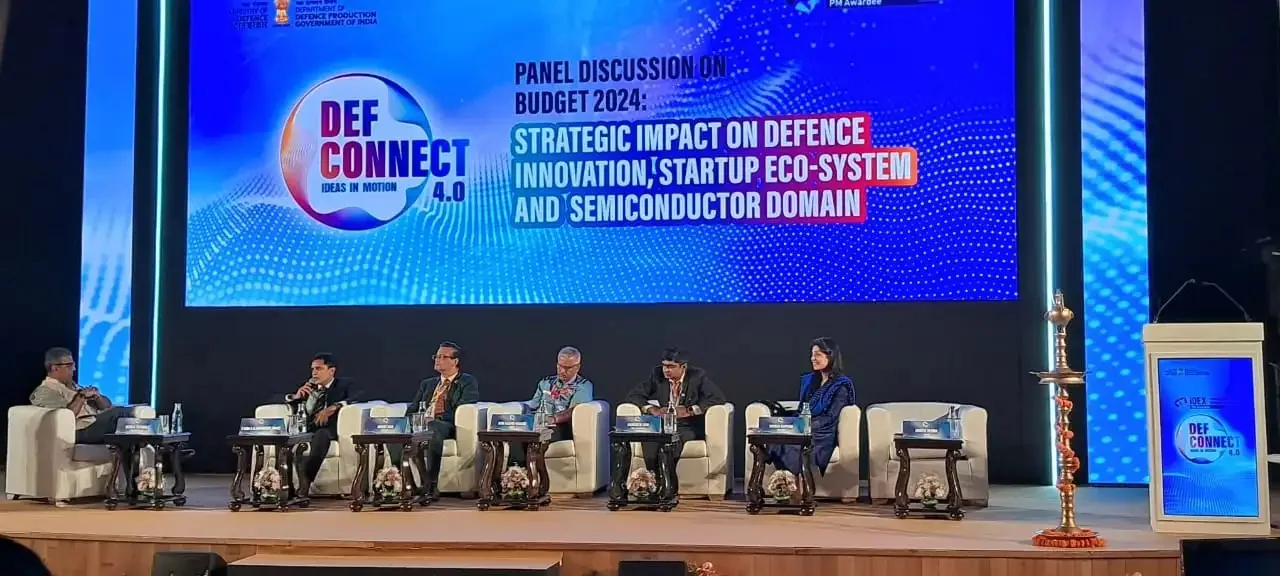 Wide view of the Def Connect 4.0 panel discussion on Budget 2024 strategic impact on defence innovation, startup ecosystem and semiconductor domain