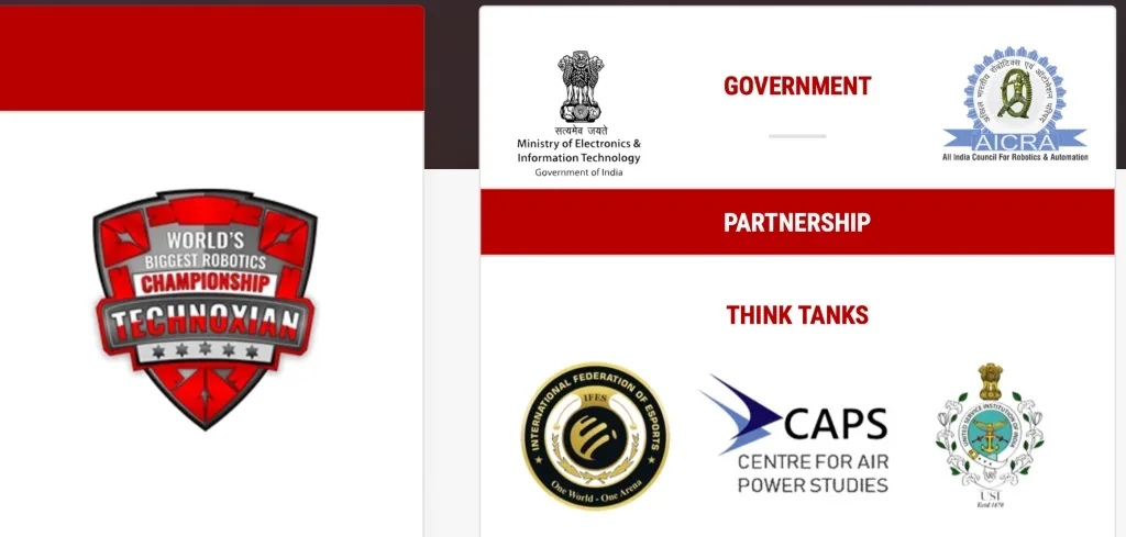 Technoxian World Robotics Championship logo alongside its government and think-tank partners, including the Ministry of Electronics and Information Technology, AICRA and CAPS