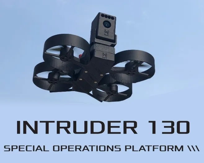 The KLM Power Intruder 130 special operations platform, a compact ducted-fan drone fitted with a camera