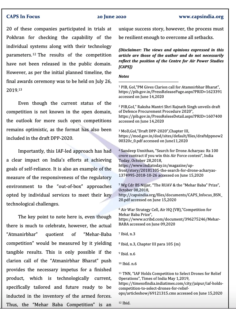 Third page of the CAPS In Focus paper on the Atmanirbhar clarion call, concluding on the status of the Mehar Baba Competition and listing reference notes