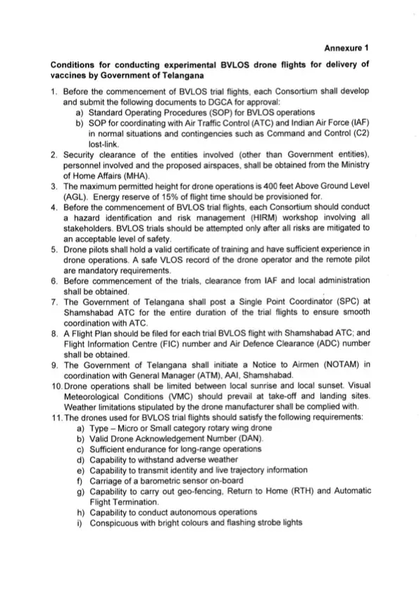 Annexure 1 page 1 listing the conditions for conducting experimental BVLOS drone flights for vaccine delivery by the Government of Telangana